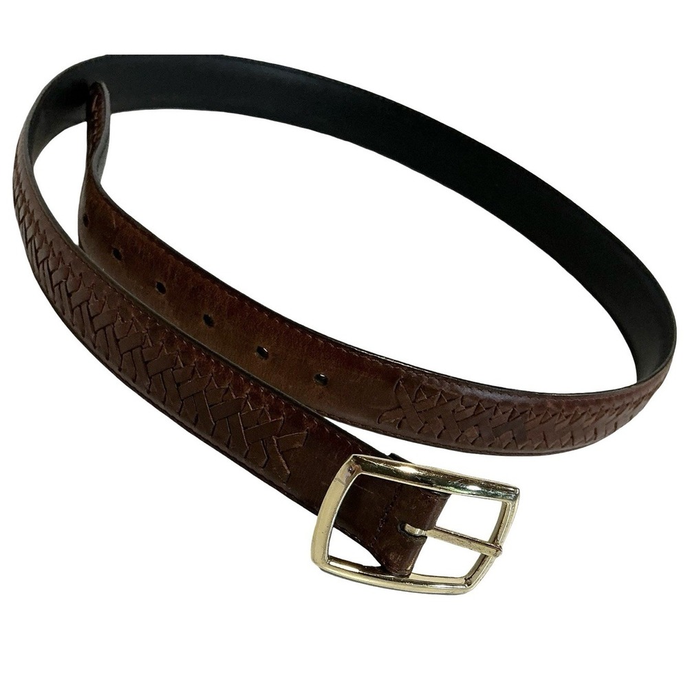 Brown Leather Belt 38‎ – Woven Detail, Brass Buckle, Casual  Western Unbranded